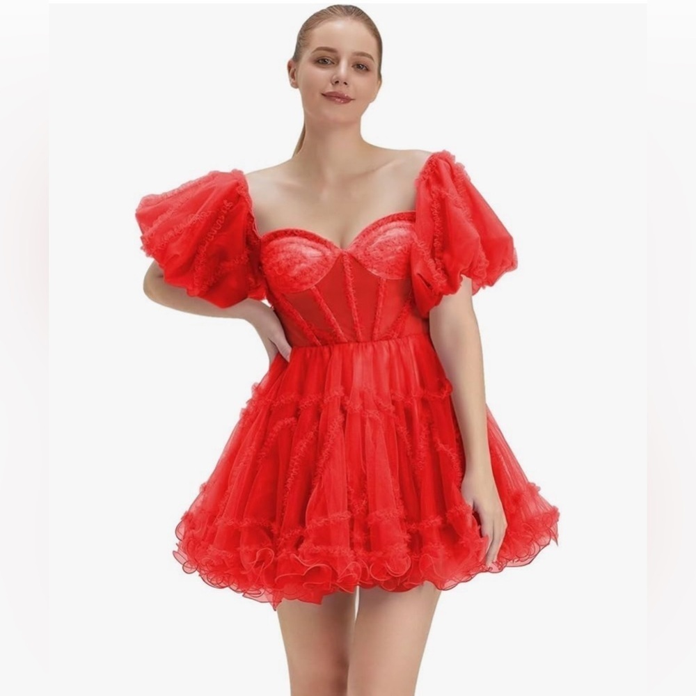 NEW Tiered Tulle Homecoming Dresses Off Shoulder Short Prom Dress RED